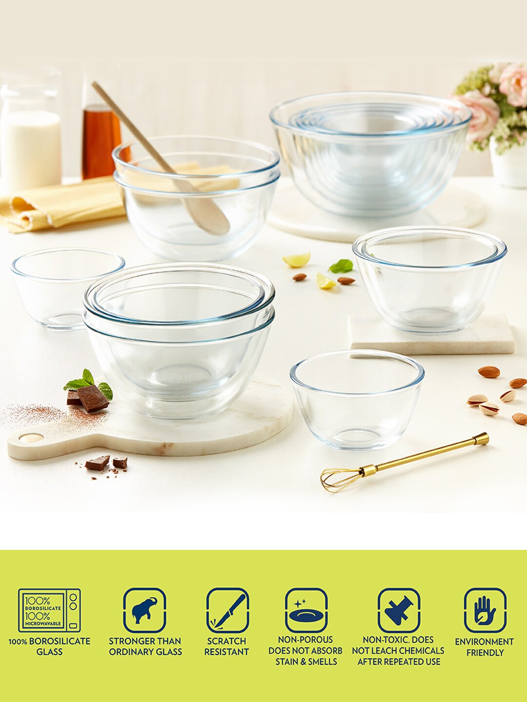 

BOROSIL Set of 2 Transparent Solid Mixing & Serving Bowls With Lids