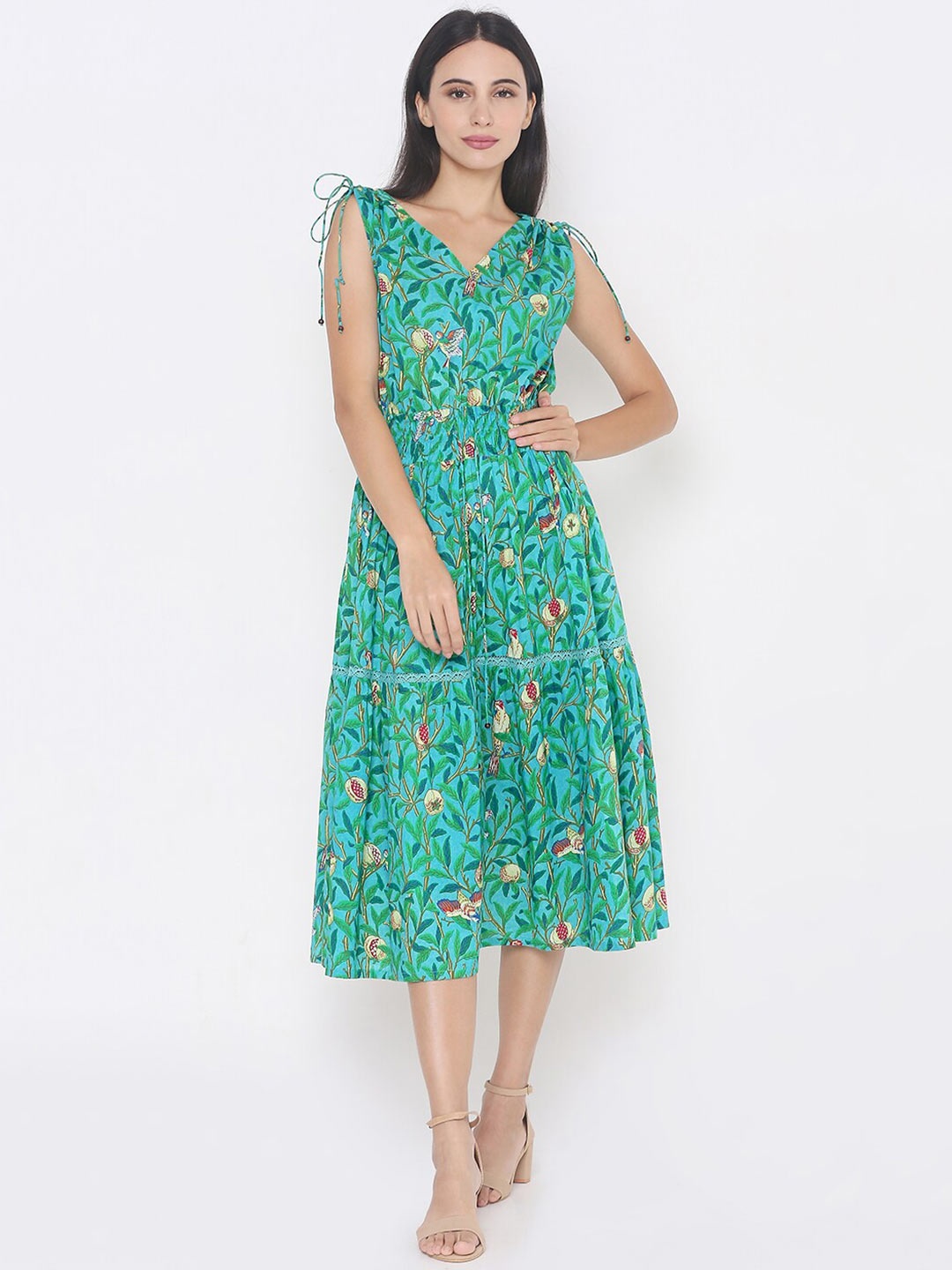 

aturabi Women's Green Floral Midi Dress