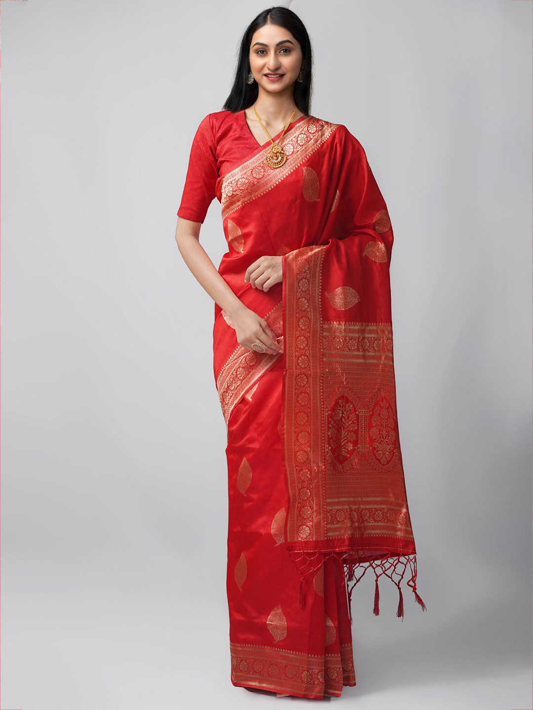 

Unnati Silks Red & Gold-Toned Woven Design Zari Silk Cotton Kanjeevaram Saree