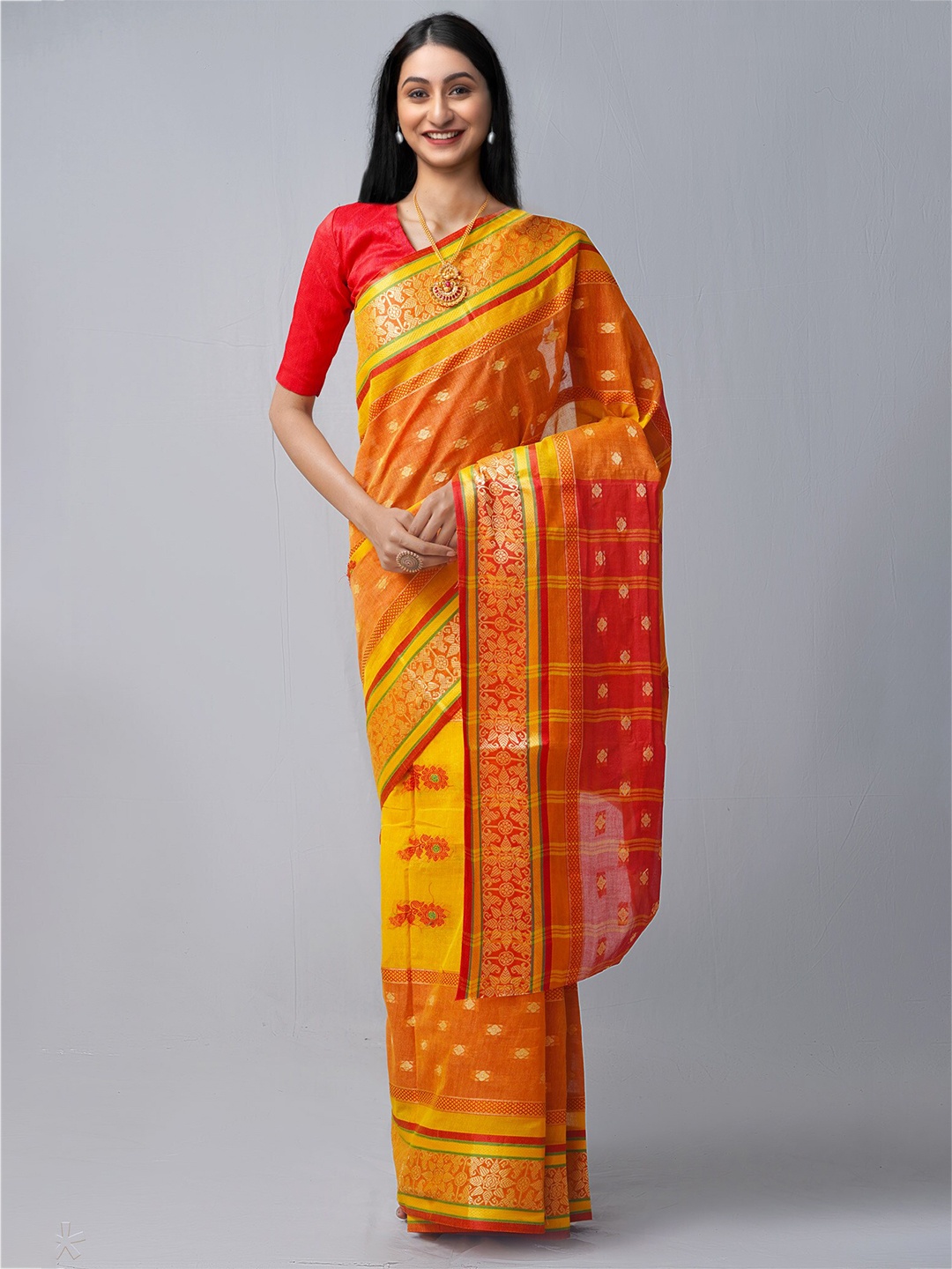 

Unnati Silks Yellow & Red Woven Design Pure Cotton Taant Saree