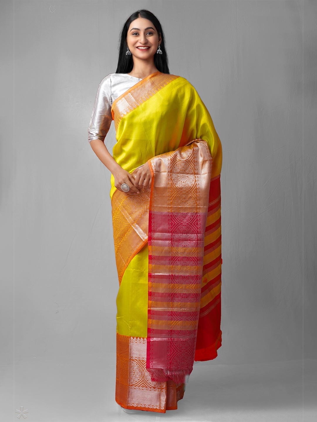 

Unnati Silks Yellow & Pink Woven Design Zari Pure Silk Kanjeevaram Saree