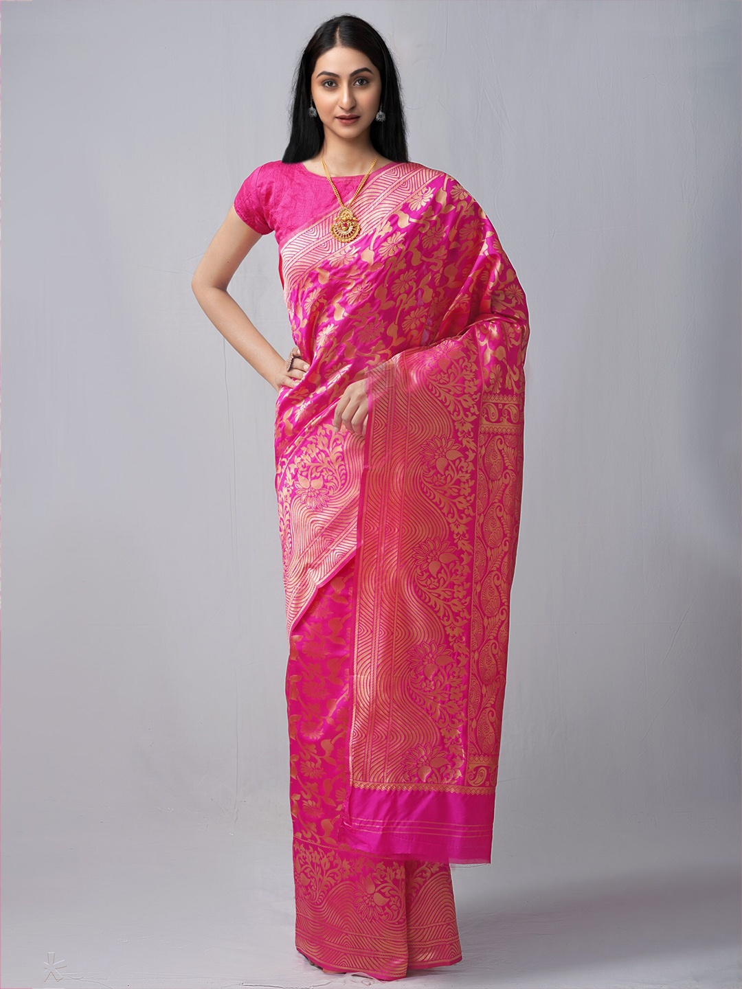 

Unnati Silks Pink & Gold-Toned Woven Design Zari Silk Cotton Kanjeevaram Saree
