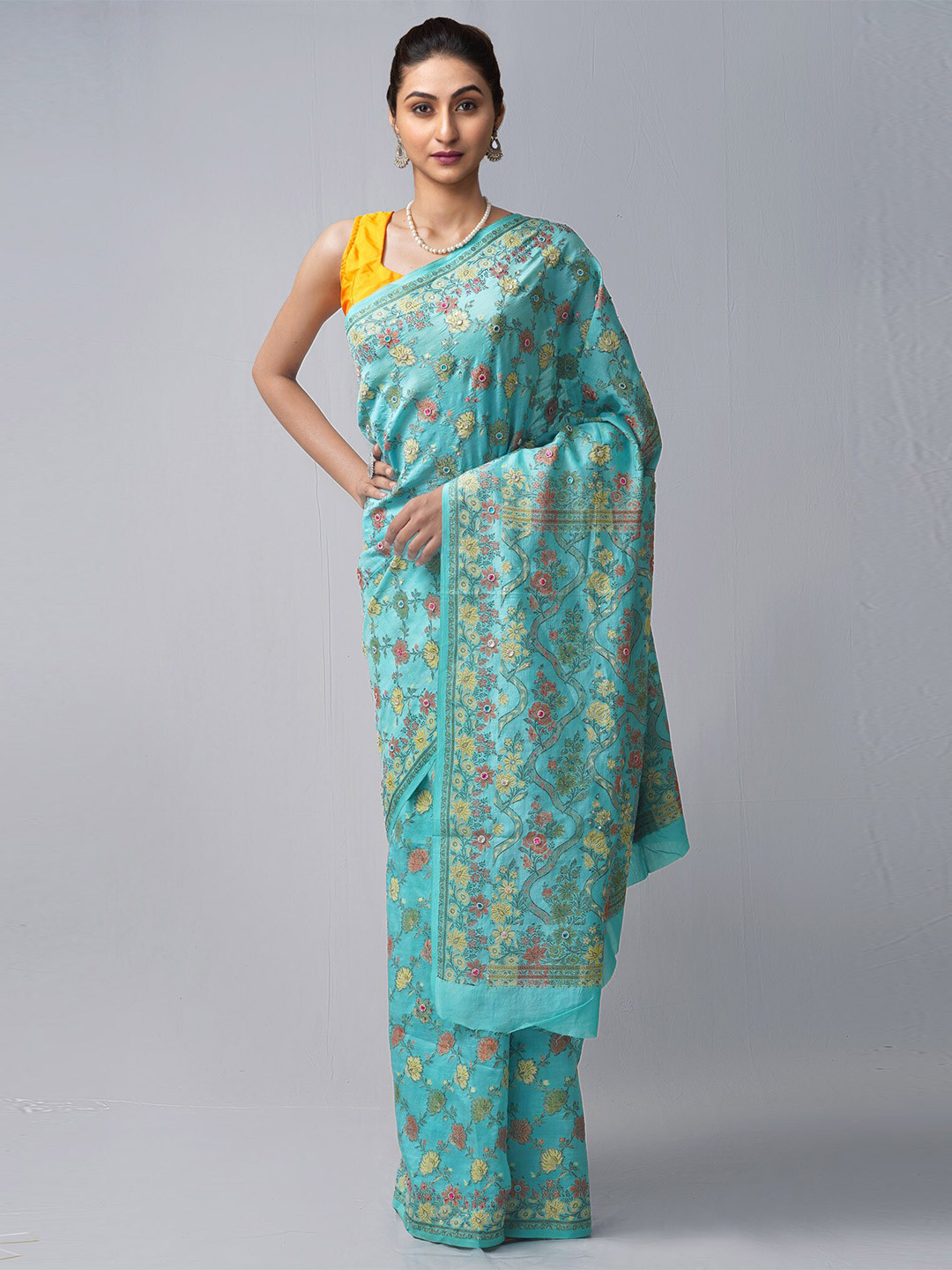 

Unnati Silks Blue & Red Woven Design Zari Silk Cotton Jamdani Saree
