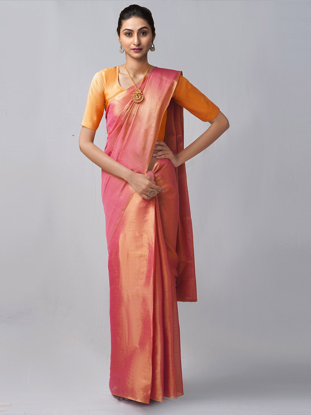 

Unnati Silks Pink & Gold-Toned Woven Design Zari Silk Cotton Kanjeevaram Saree