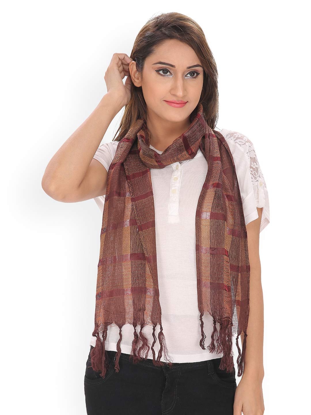 

Anekaat Women Brown Striped Scarf