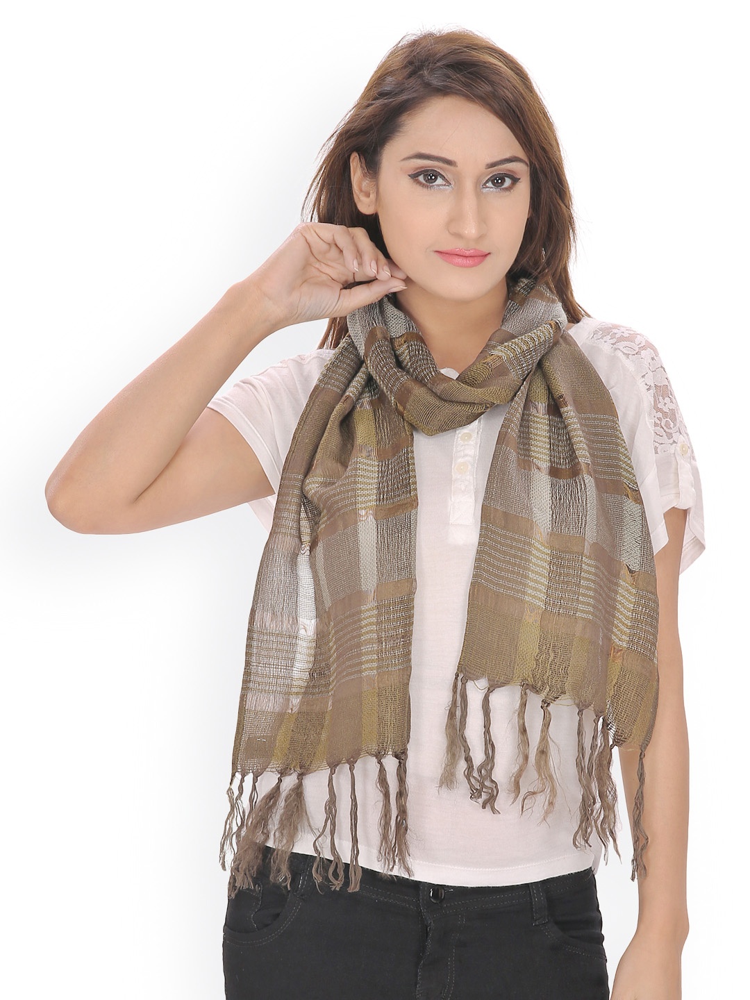 

Anekaant Olive Green Striped Scarf