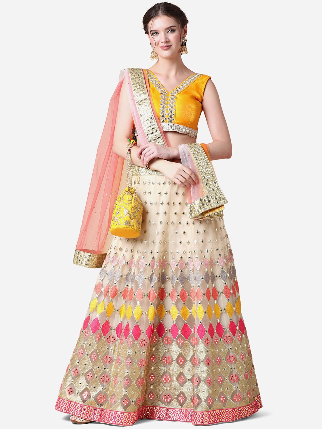 

Cloth's Villa Cream-Coloured & Yellow Embellished Semi-Stitched Lehenga & Unstitched Blouse With Dupatta