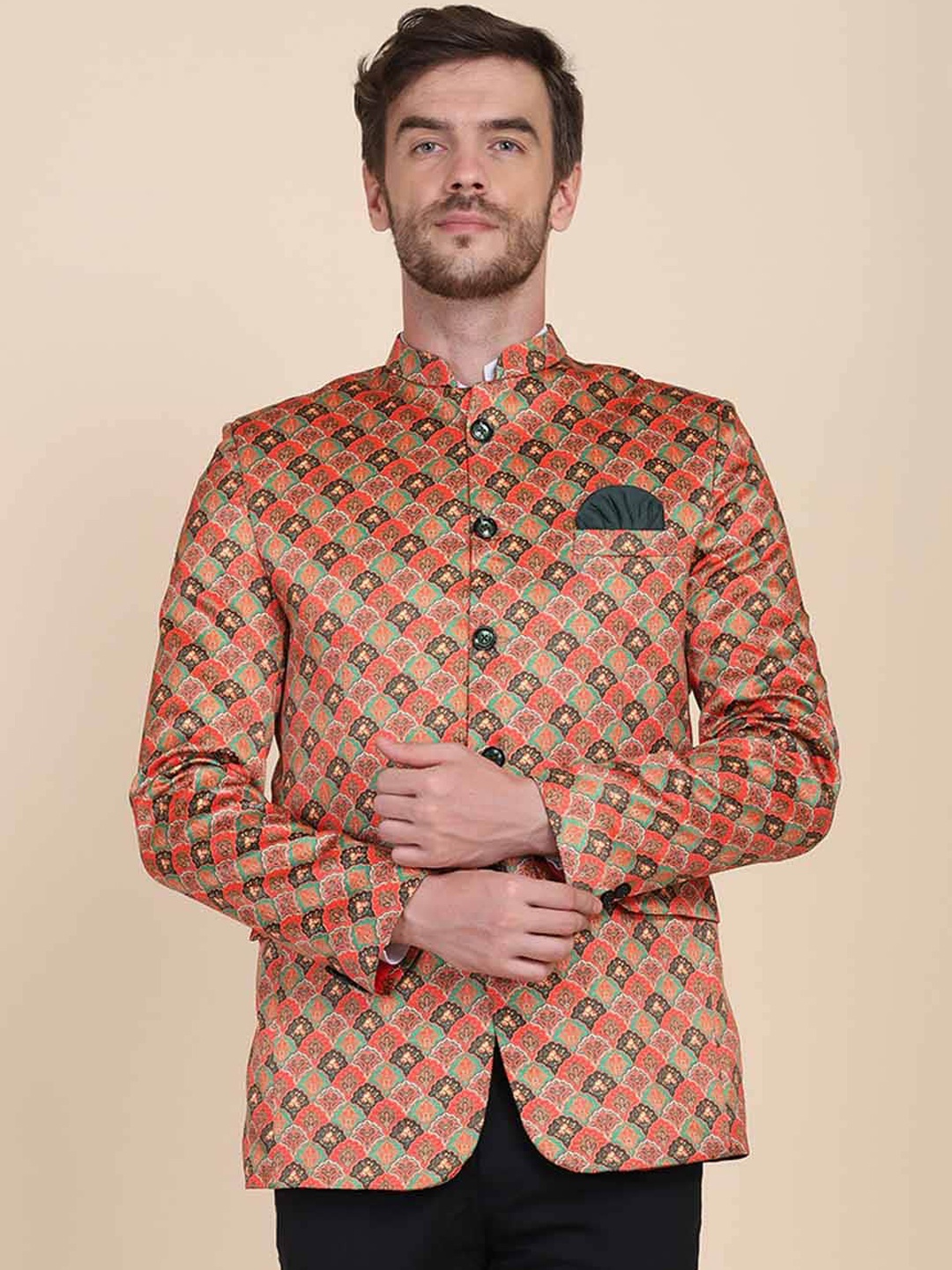 

TAHVO Men Orange Printed Slim-Fit Single Breasted Casual Blazer