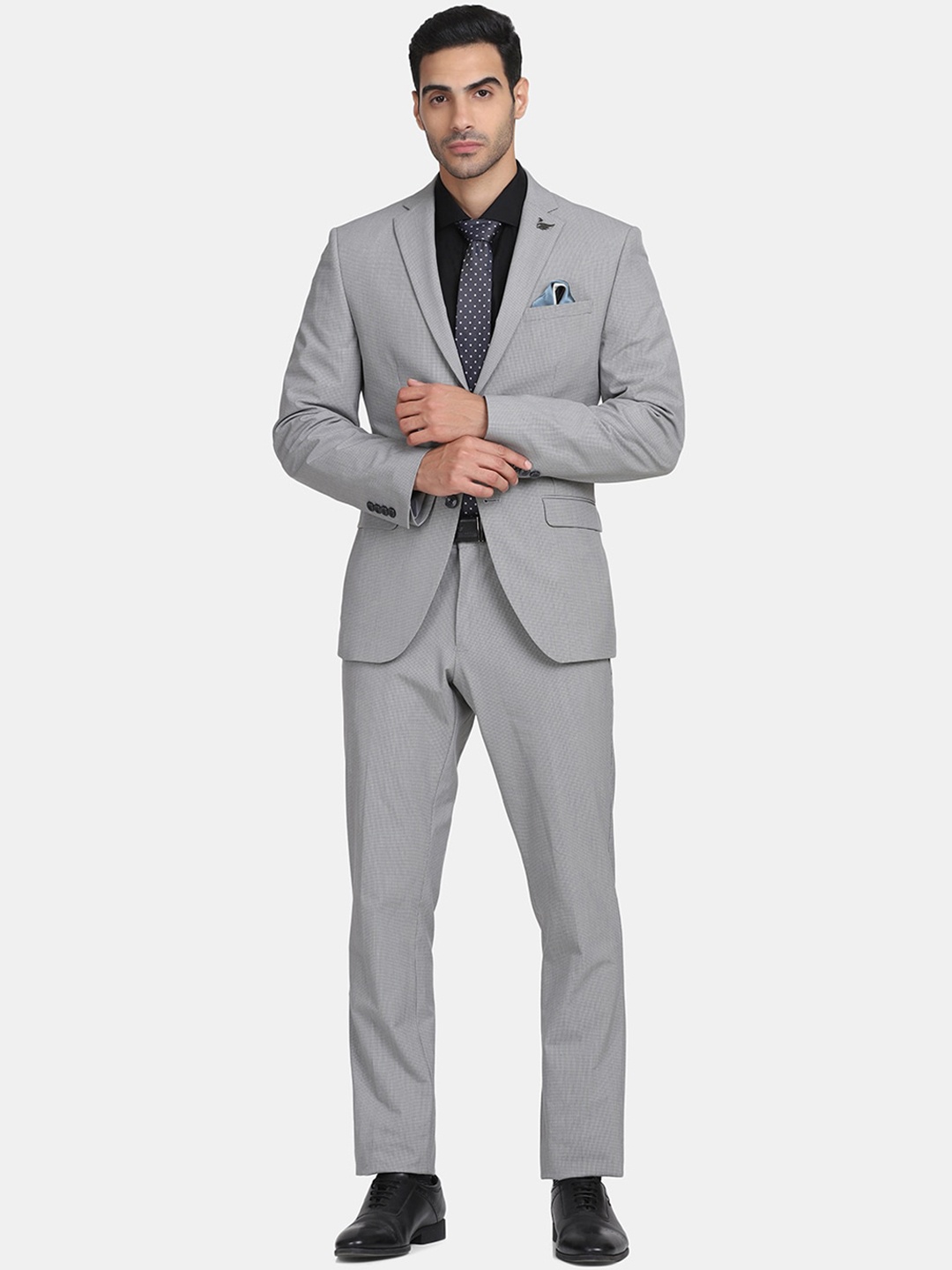 

Blackberrys Men Grey Checked Slim-Fit Single-Breasted Two-Piece Formal Suit