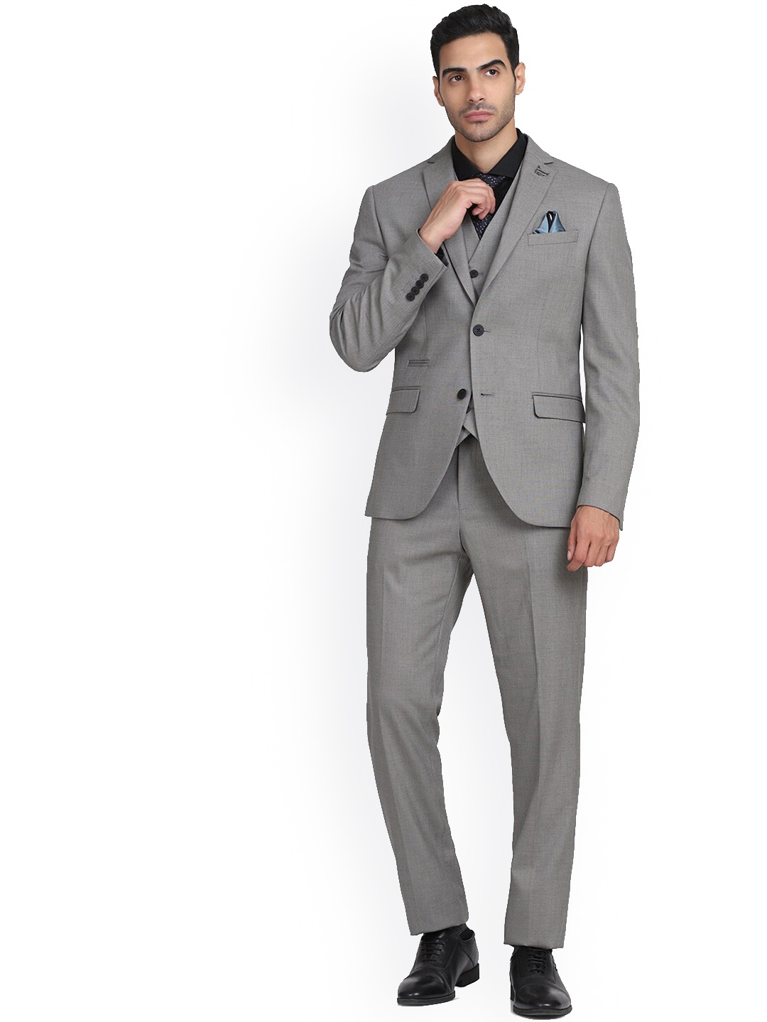 

Blackberrys Grey Solid Slim-Fit Single-Breasted 3-Piece Formal Suit