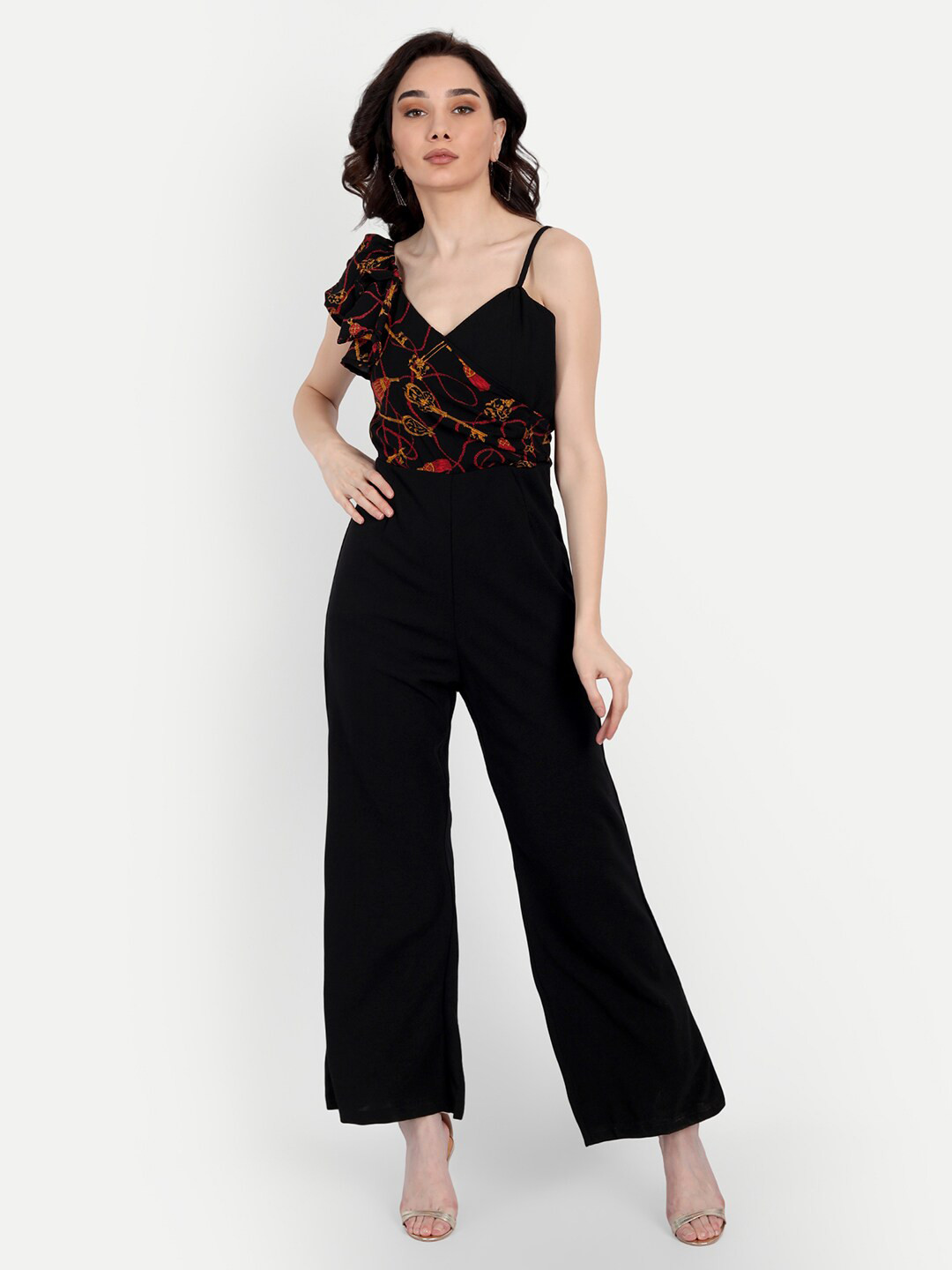 

Forevermore Black & Red Printed Basic Jumpsuit with Ruffles