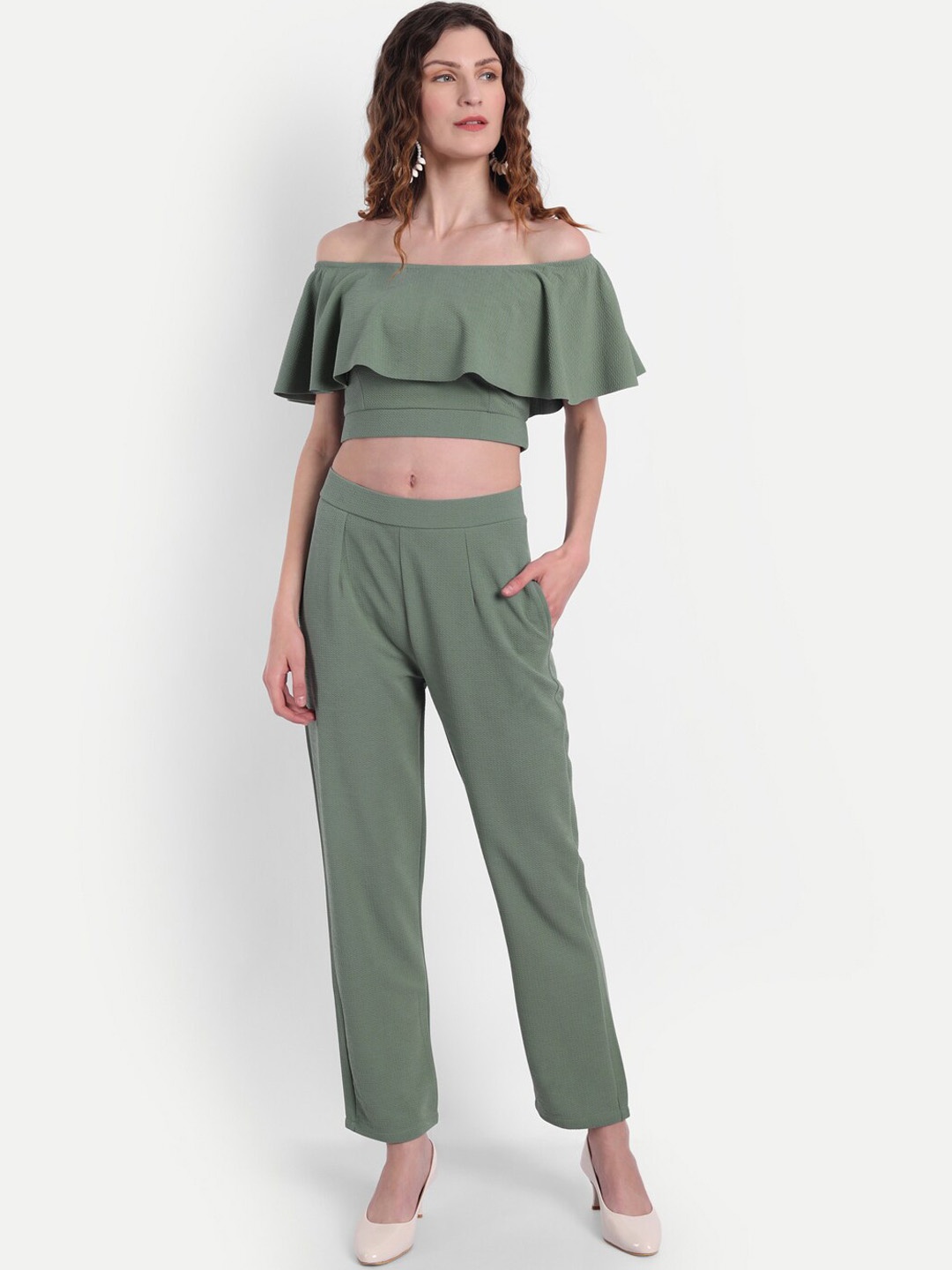 

BROADSTAR Women Green Solid Co-Ords