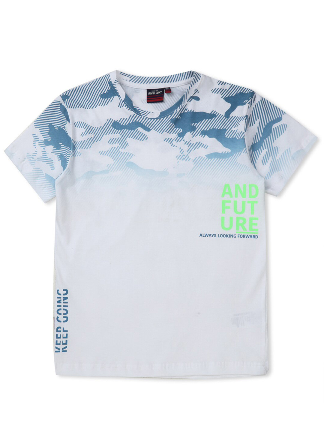 

Gini and Jony Boys White & Blue Printed T-shirt