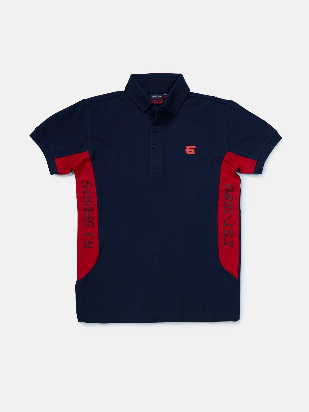 

Gini and Jony Boys Blue & Red Typography Printed Polo Collar Cotton T-shirt