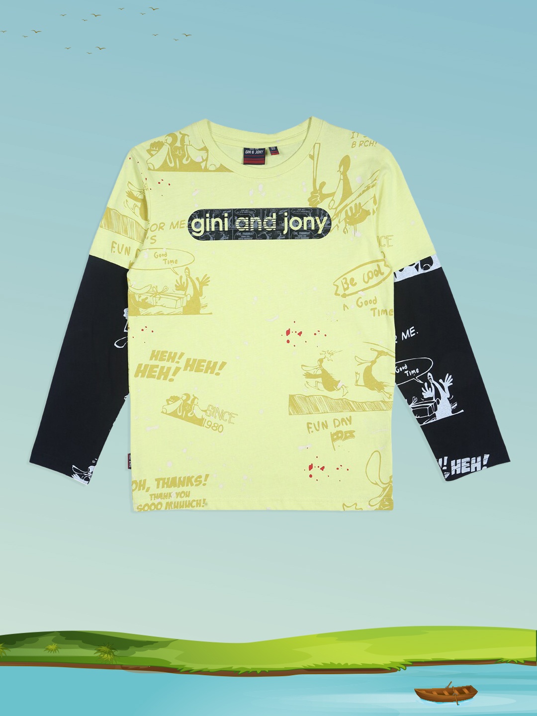 

Gini and Jony Boys Yellow & Black Typography Printed Cotton T-shirt