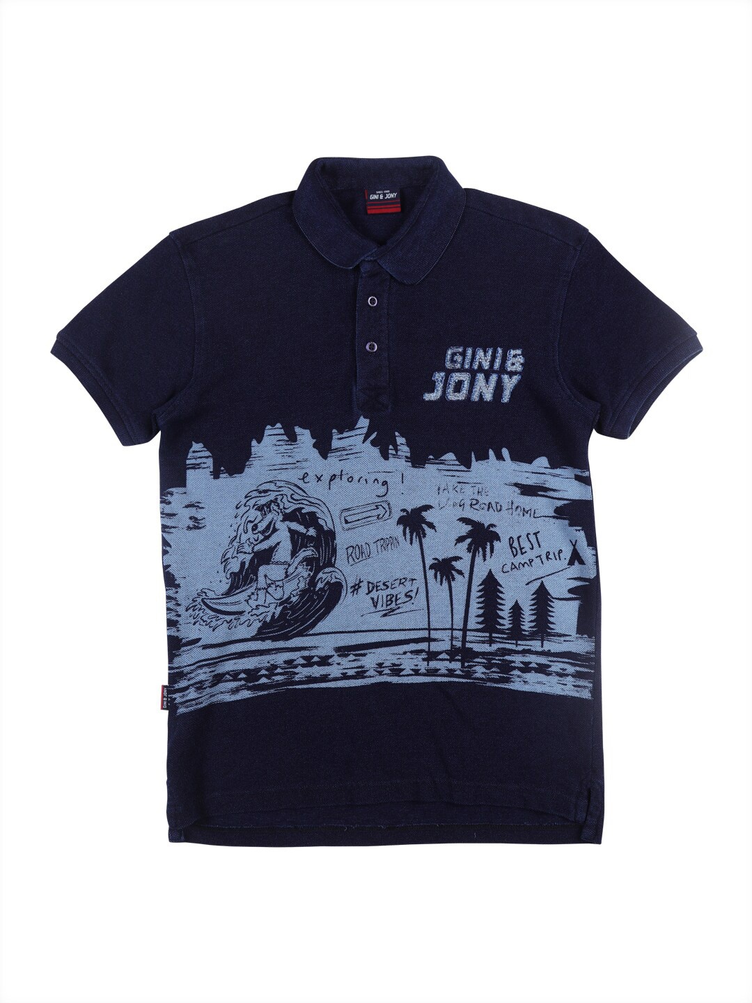 

Gini and Jony Boys Navy Blue Printed Polo Collar Cotton T-shirt