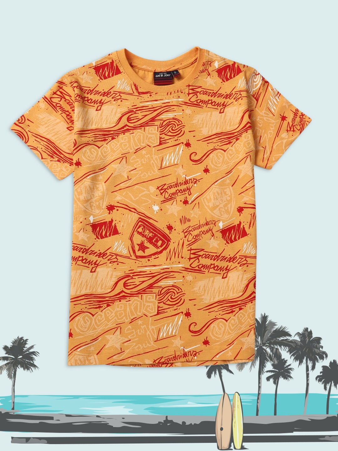 

Gini and Jony Boys Orange Printed Cotton T-shirt