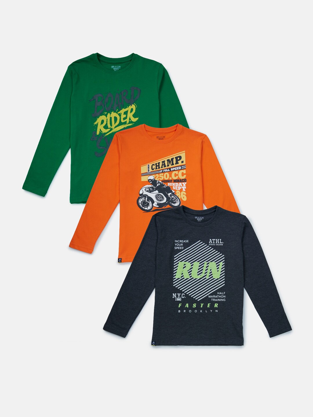 

Gini and Jony Boys Navy Blue & Orange Typography Set Of 3 Printed T-shirt
