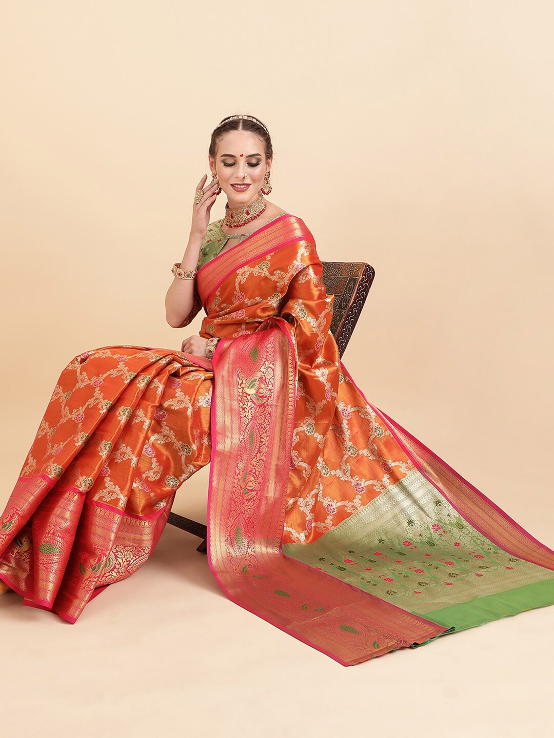 

Sangria Women Orange Woven Desing Embellished Zari Silk Blend Banarasi Saree