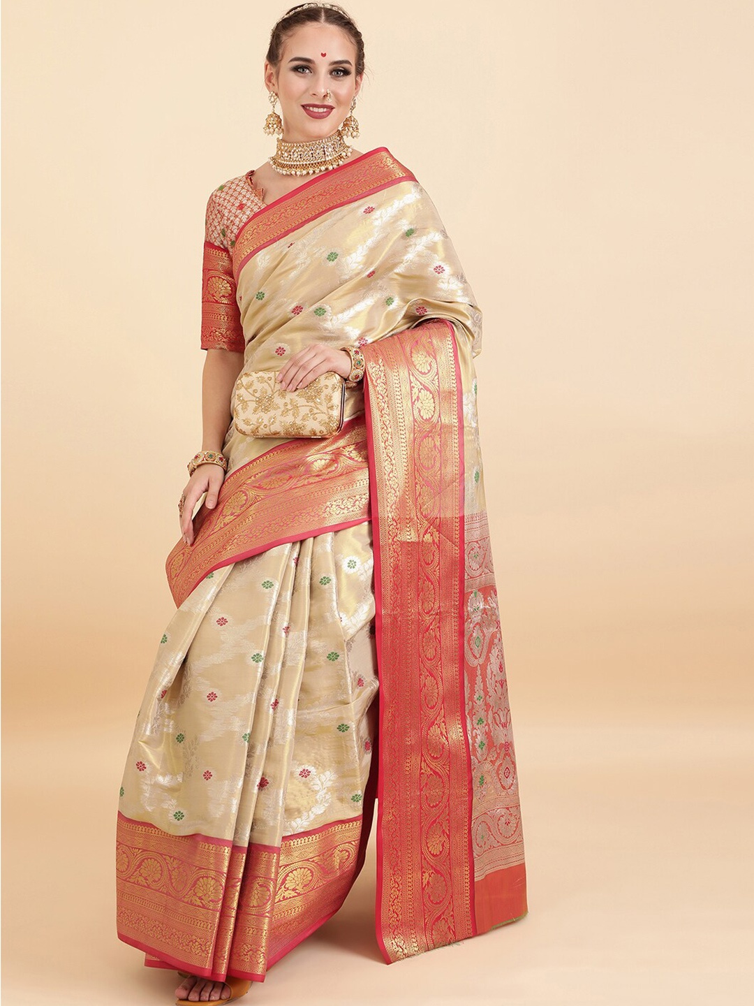 

Sangria Women Woven Design Embellished Zari Silk Blend Banarasi Saree, Cream