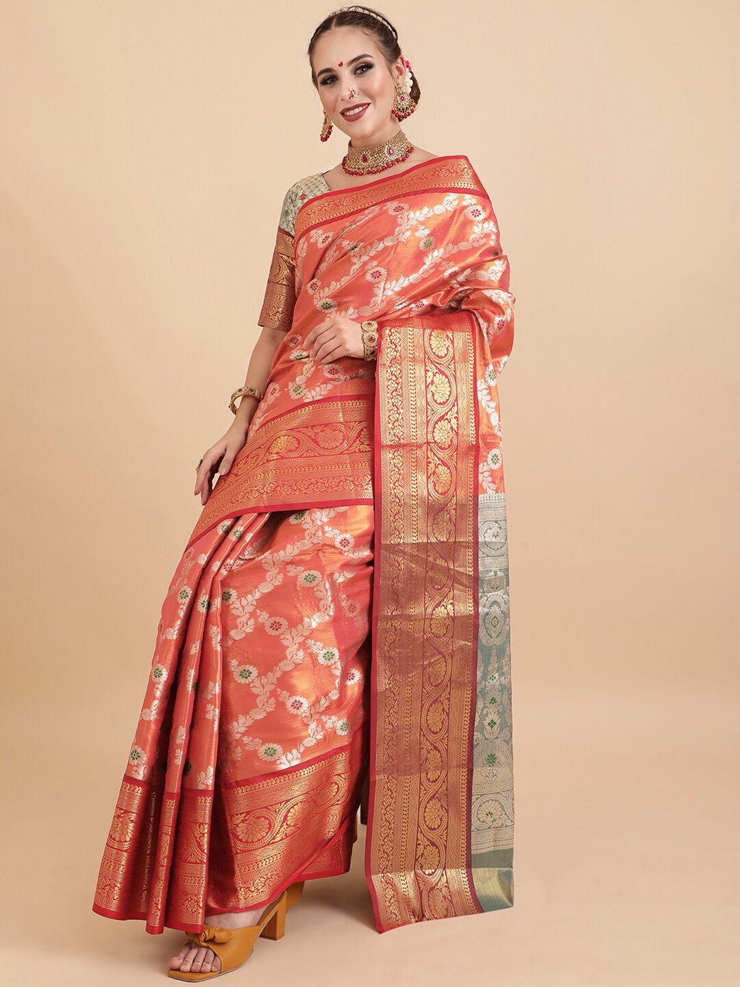 

Sangria Orange & Grey Ethnic Motifs Zari Silk Blend Banarasi Saree