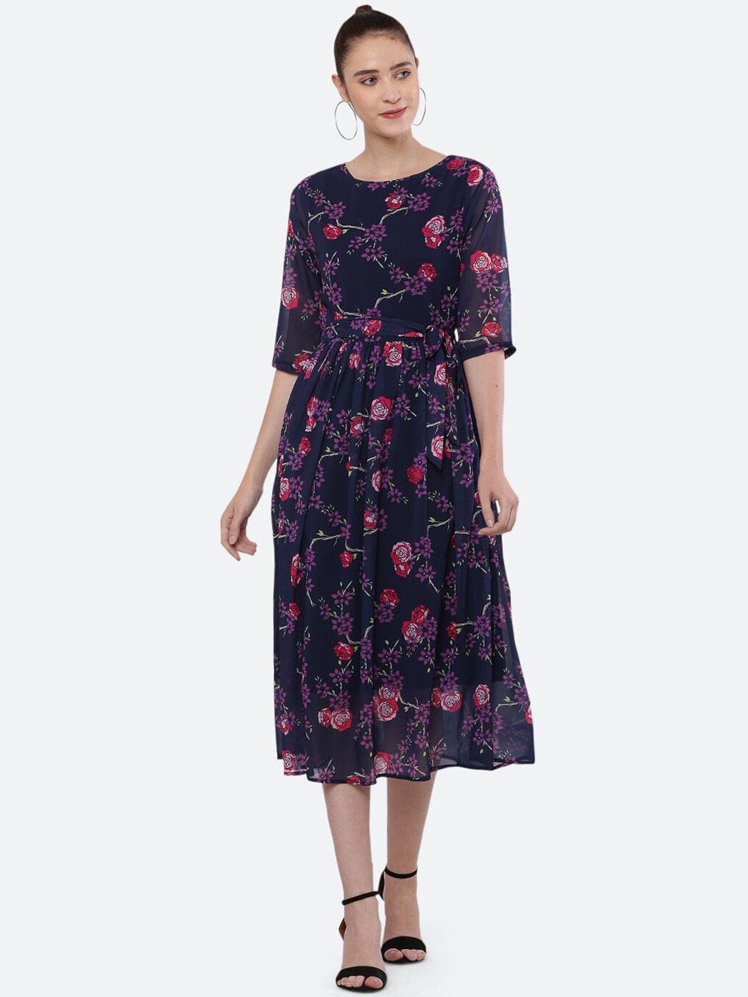 

BLUE CHIC Women Navy Blue & Pink Floral Round Neck Cotton Fit & Flare Dress