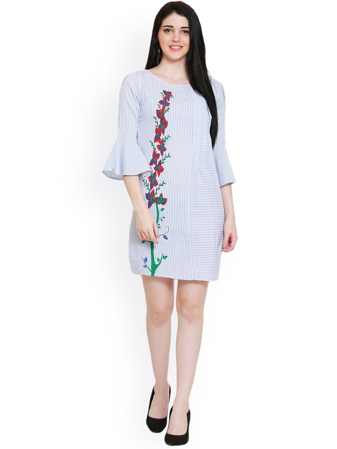

BLUE CHIC Blue Striped Round Neck Bell Sleeves Sheath Dress