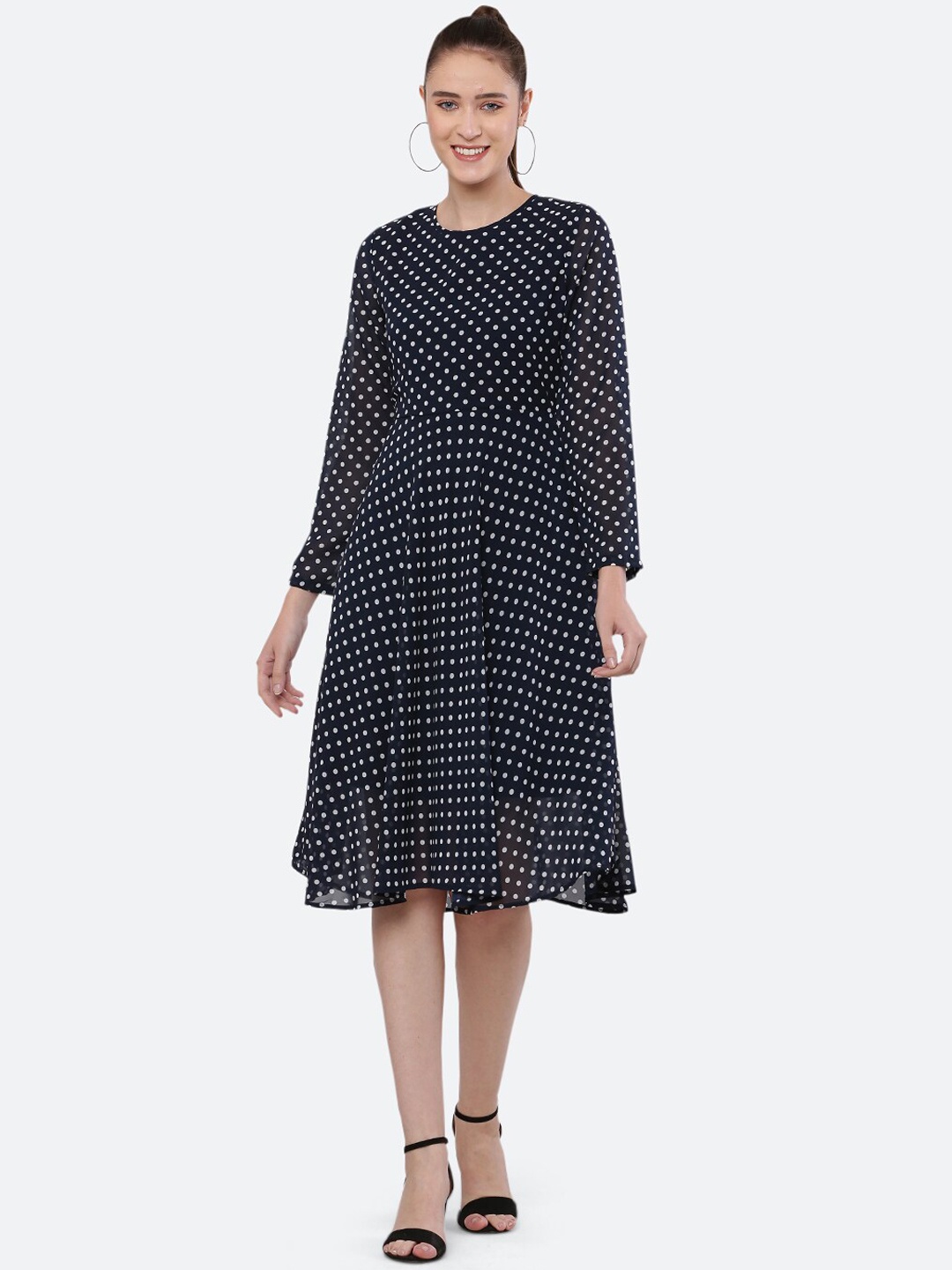 

BLUE CHIC Women Navy Blue & White Georgette A-Line Midi Dress