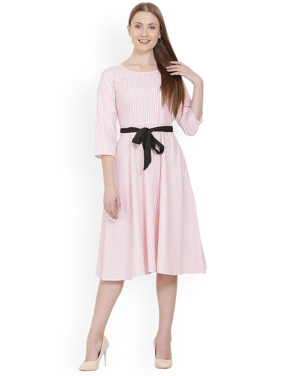 

BLUE CHIC Women White & Pink Striped Round Neck Cotton A-Line Dress