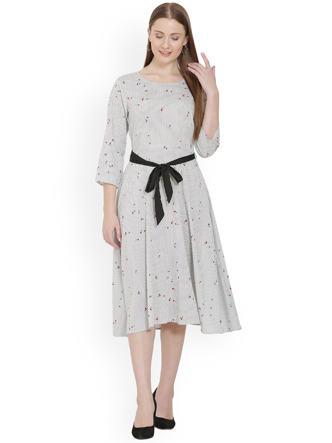 

BLUE CHIC Women Off White & Red Printed Round Neck Cotton Fit & Flare Dress