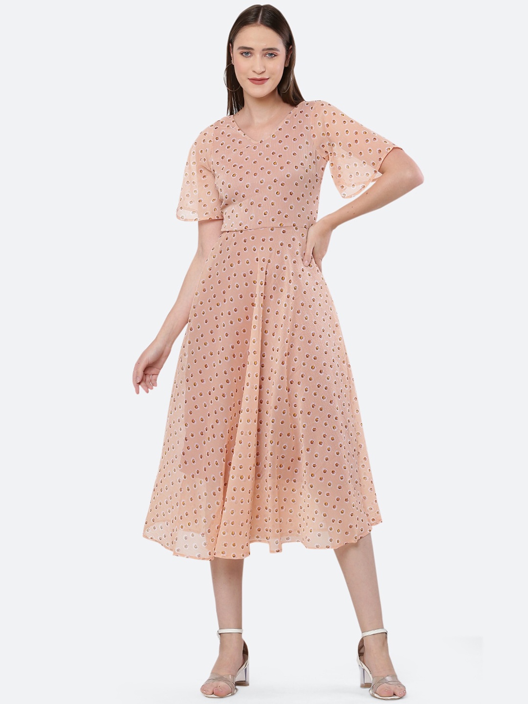 

BLUE CHIC Peach-Coloured Floral Georgette A-Line Midi Dress