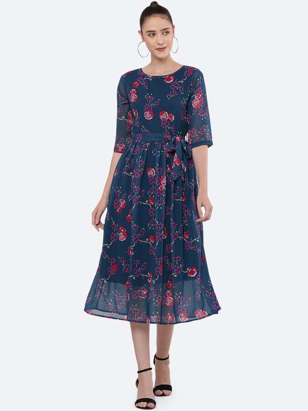 

BLUE CHIC Navy Blue Floral Georgette Midi Dress