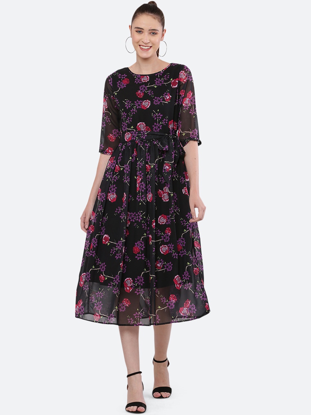 

BLUE CHIC Black Floral Georgette Midi Dress