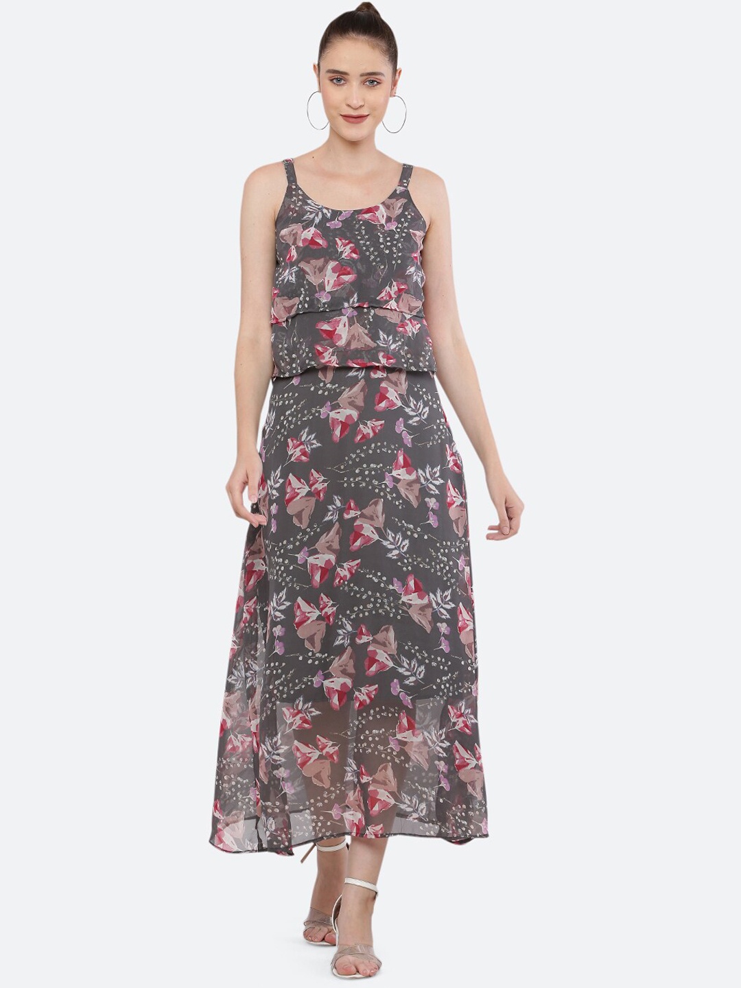 

BLUE CHIC Women Grey Floral Georgette Maxi Dress