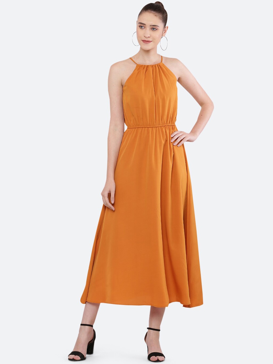

BLUE CHIC Women Mustard Yellow Solid Halter Neck Maxi Dress