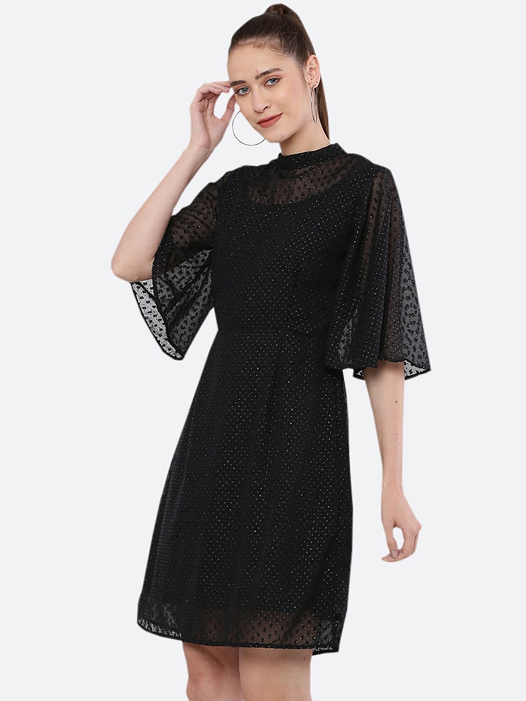 

BLUE CHIC Black Embellished High Neck Knee-Length Dress