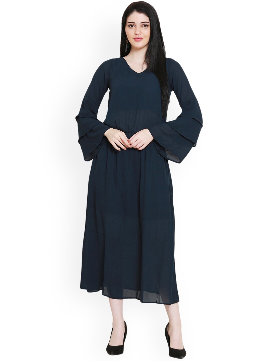 

BLUE CHIC Women Navy Blue Solid V-neck Layered Fit & Flare Dress