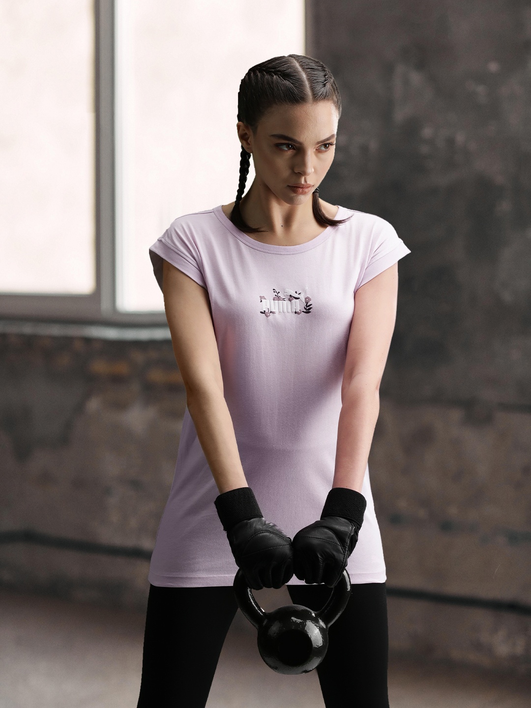 

Puma Women Lavender Typography Printed Relaxed Fit Extended Sleeves T-shirt