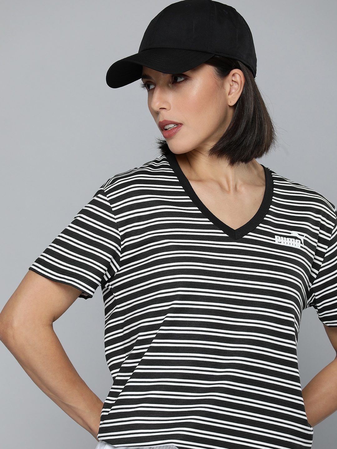 

Puma Women Black Relaxed Fit Essential AOP Striped T-shirt