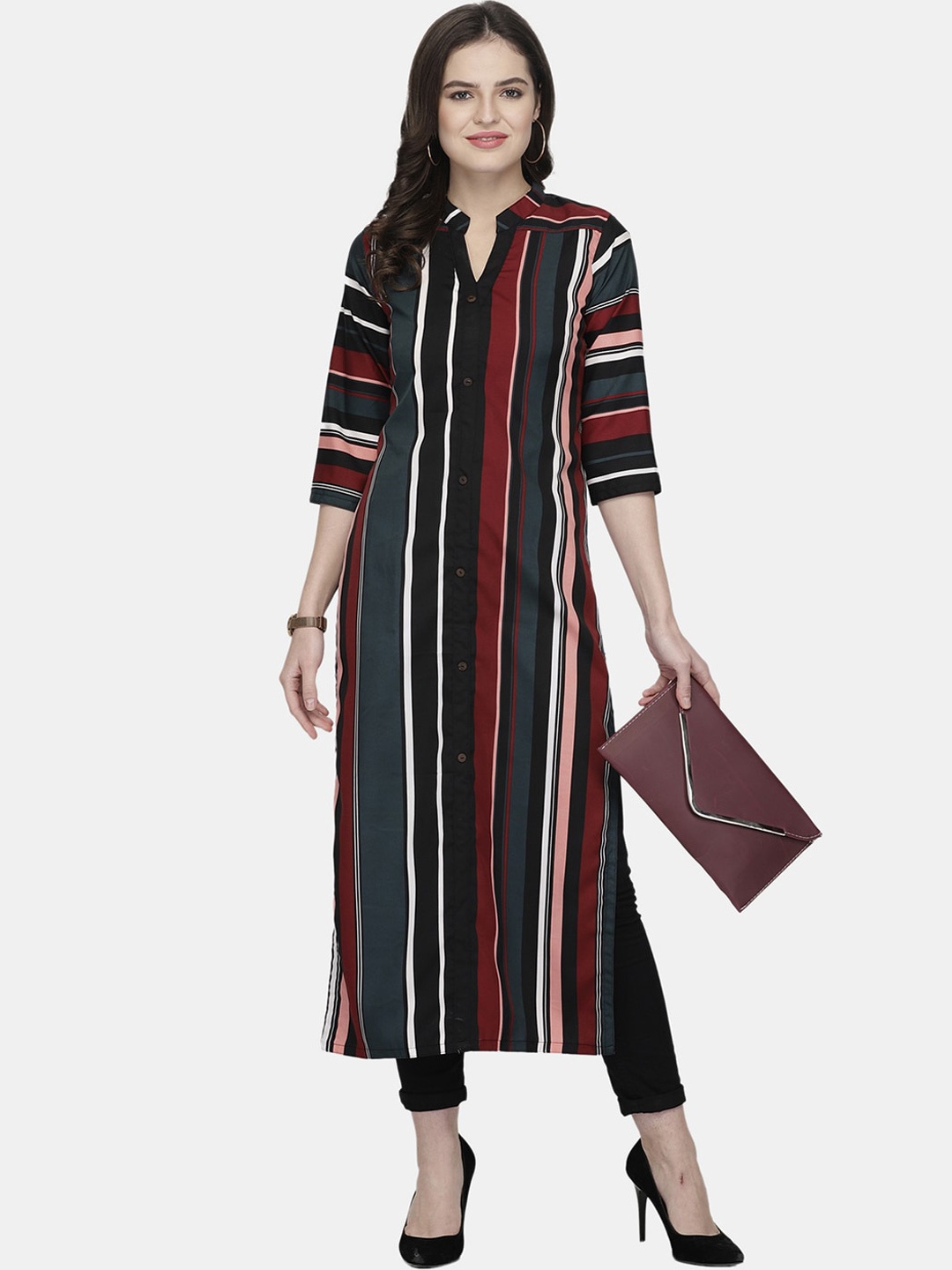 

Aarsha Women Black & Maroon Striped Crepe Kurta