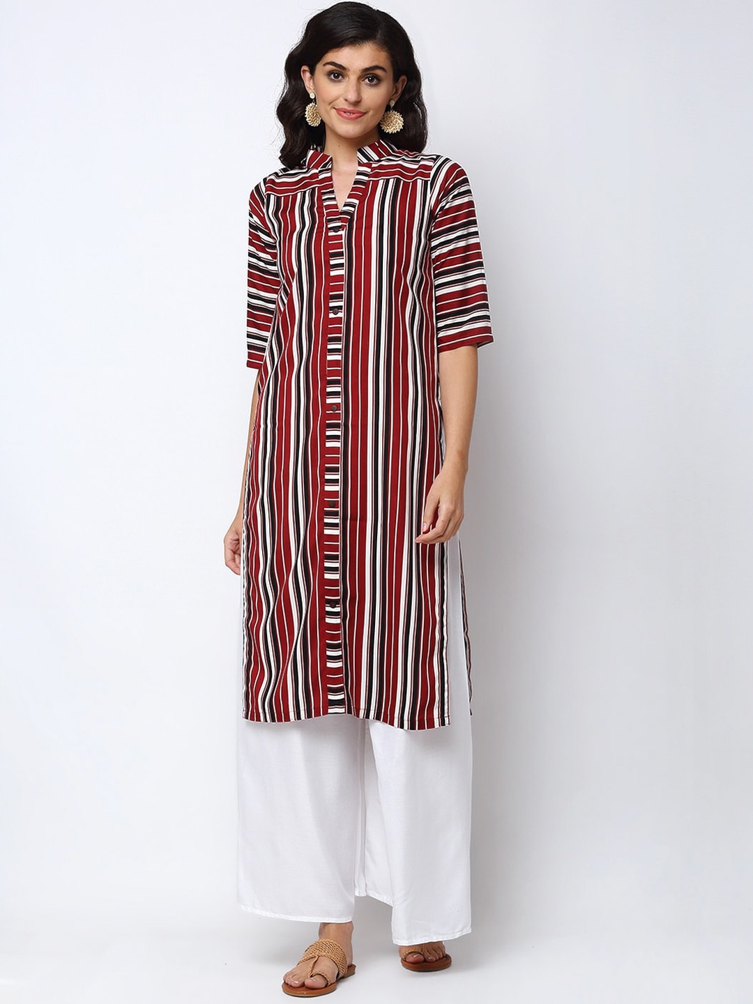 

Aarsha Women Maroon & Black Striped Crepe Kurta