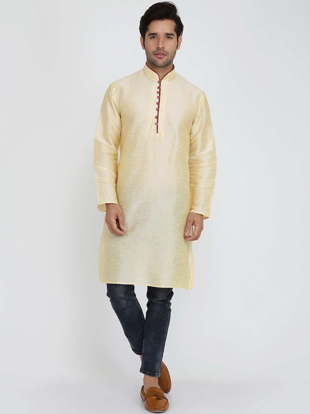 

ROYAL KURTA Men Brown Thread Work Summer Sheers Kurta, Gold