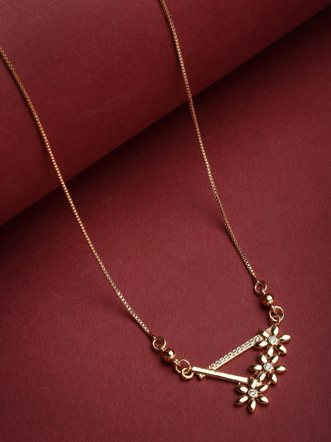

PANASH Gold-Plated White CZ Studded Triangular Pendant with Chain