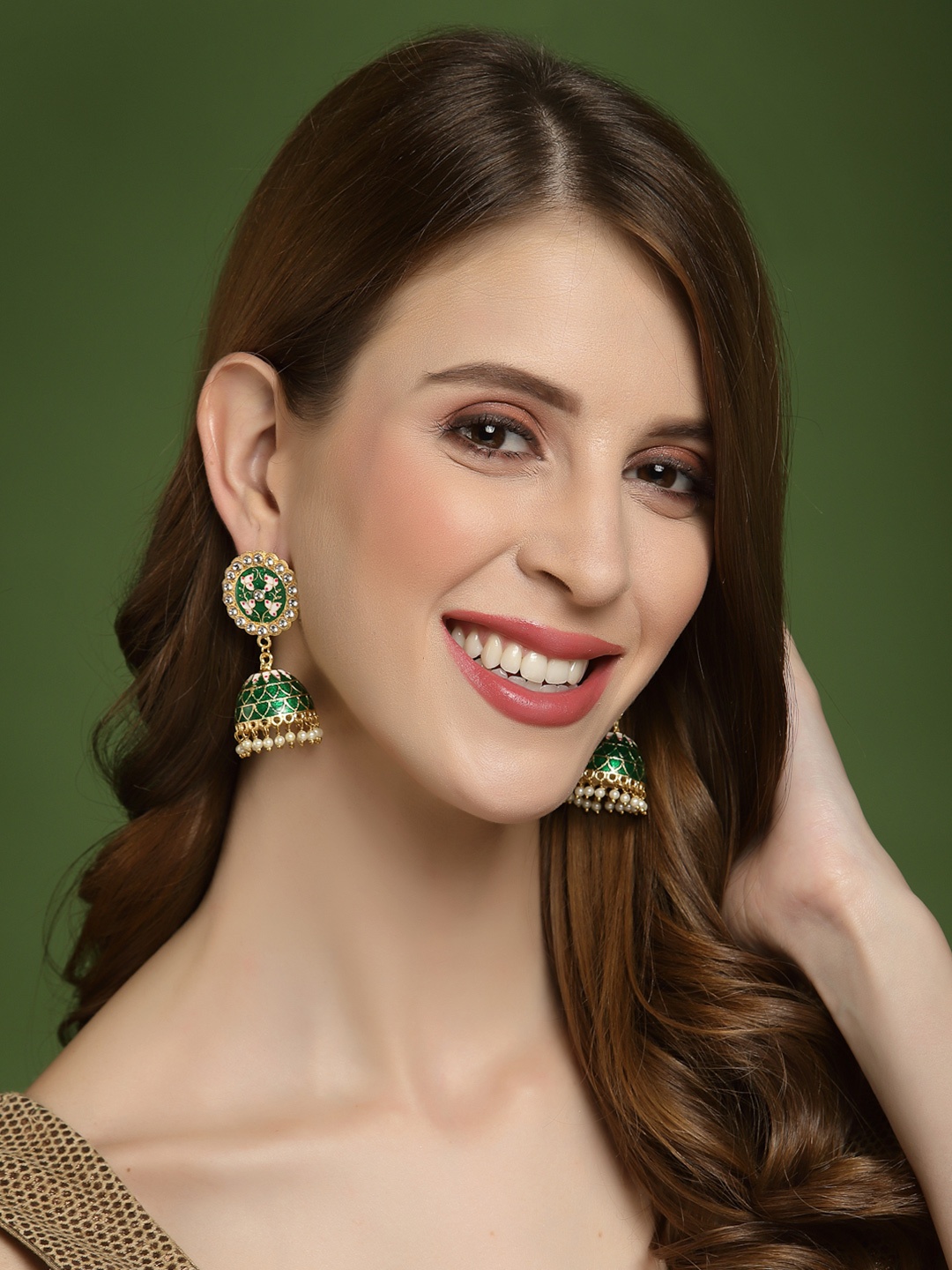 

PANASH Green Gold-Plated Meenakari Dome Shaped Jhumkas Earrings