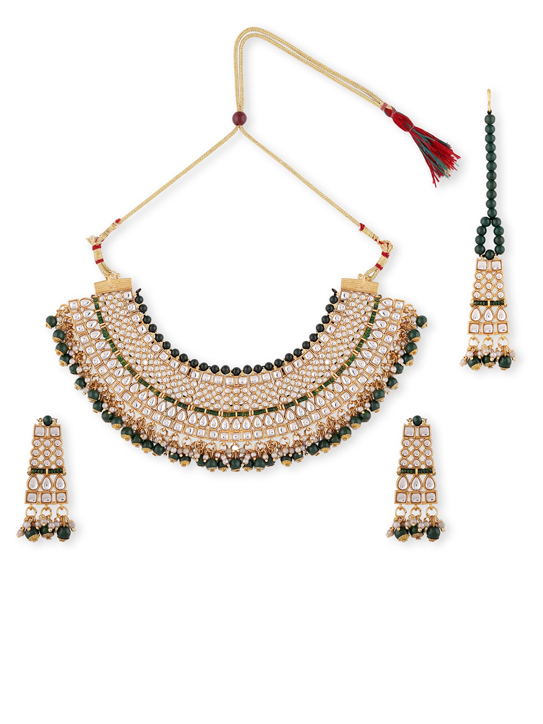 

Swarajshop Gold-Plated Green-Coloured White Kundan Studded Jewellery Set
