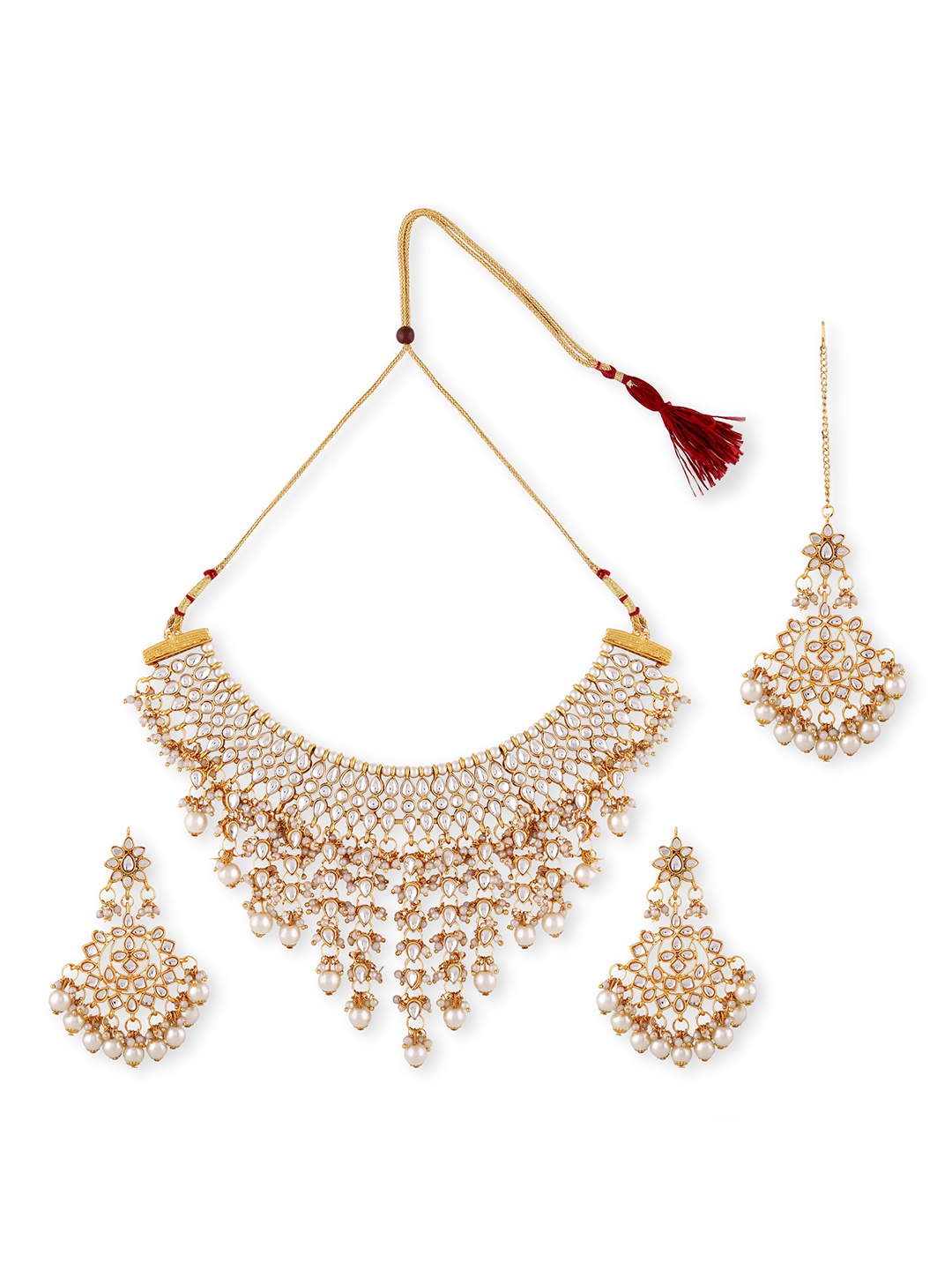 

Swarajshop Gold-Plated White Kundan Studded & Beaded Jewellery Set