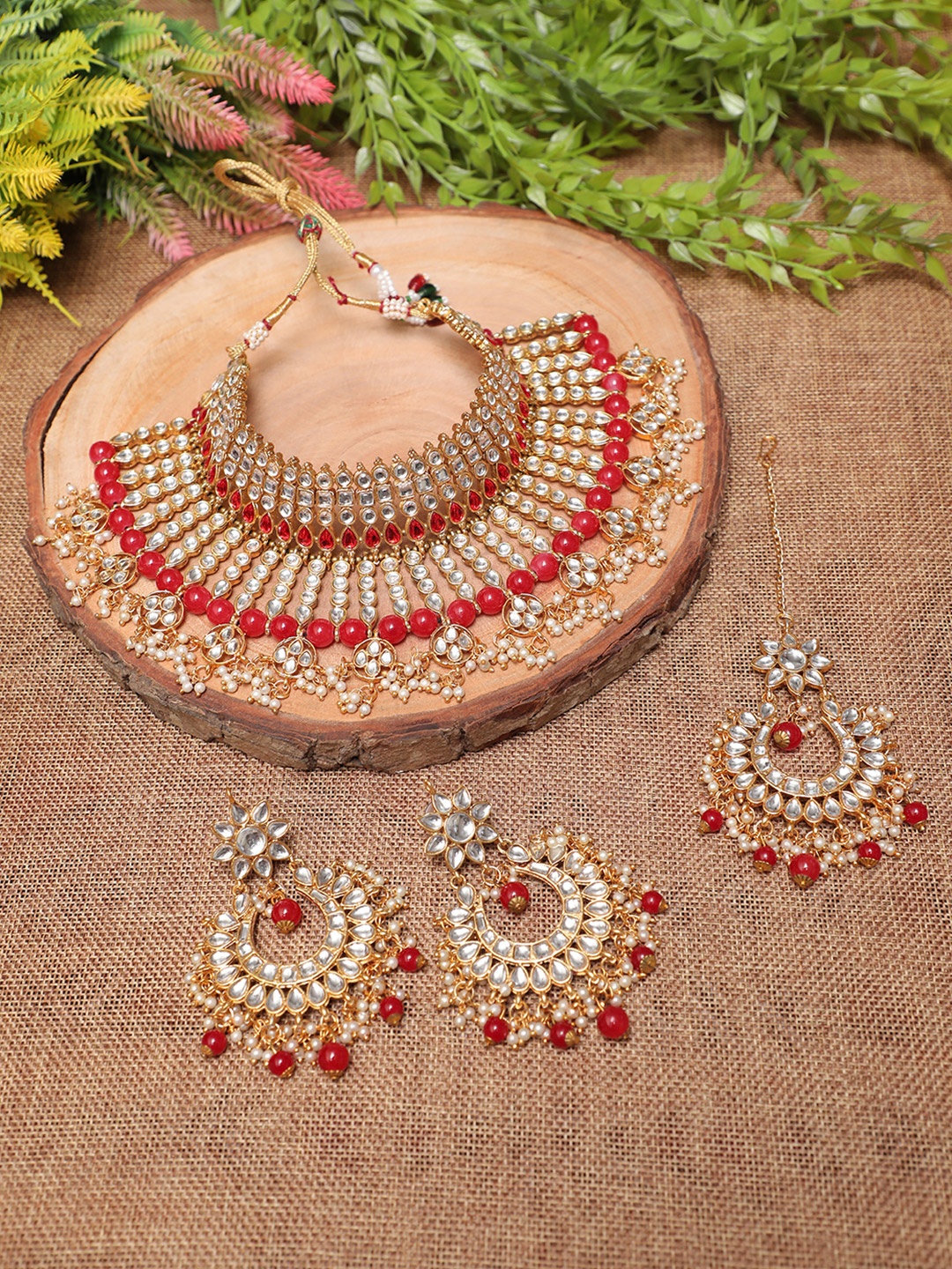 

Swarajshop Gold-Plated & Red Kundan Studded Beaded Jewellery Set
