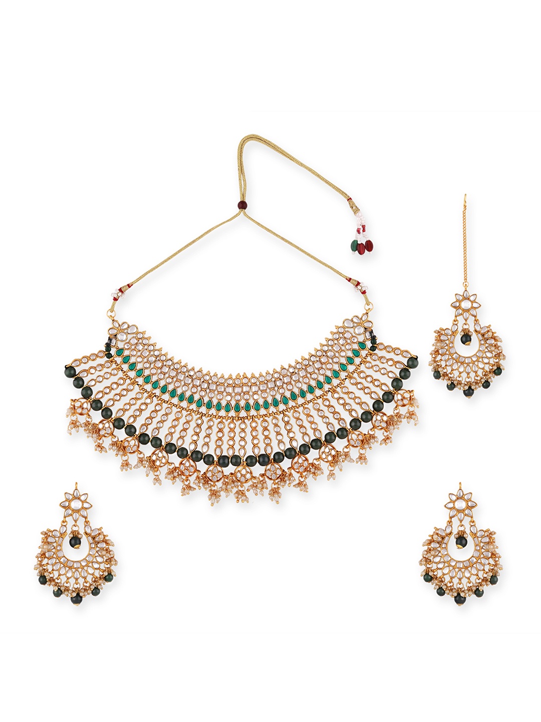 

Swarajshop Women Gold-Plated Green-Coloured White Kundan Studded Jewelry Set