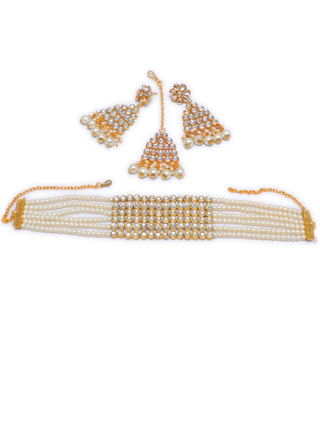

Swarajshop Gold-Plated White Kundan Studded & Beaded Jewellery Set
