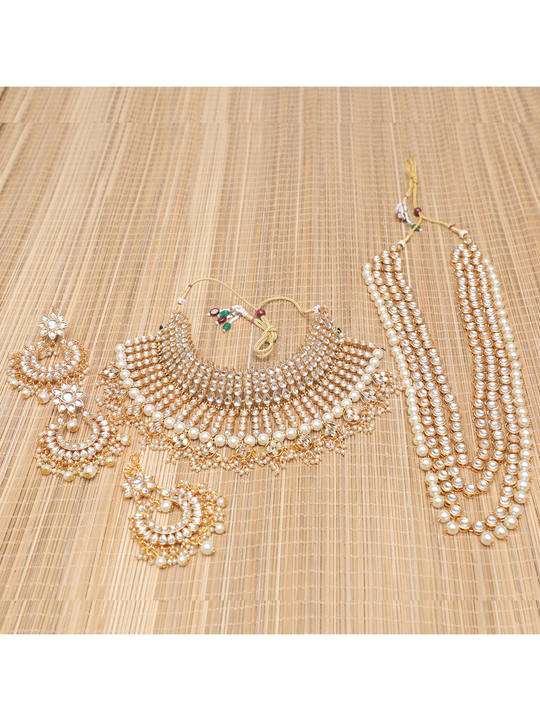 Swarajshop Gold-Plated White Kundan Studded & Beaded Jewellery Set